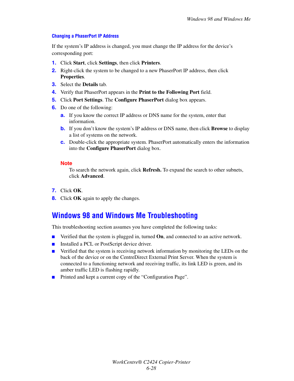 Windows 98 and windows me troubleshooting, Windows 98 and windows me troubleshooting -28 | Xerox WorkCentre C2424-3833 User Manual | Page 178 / 272