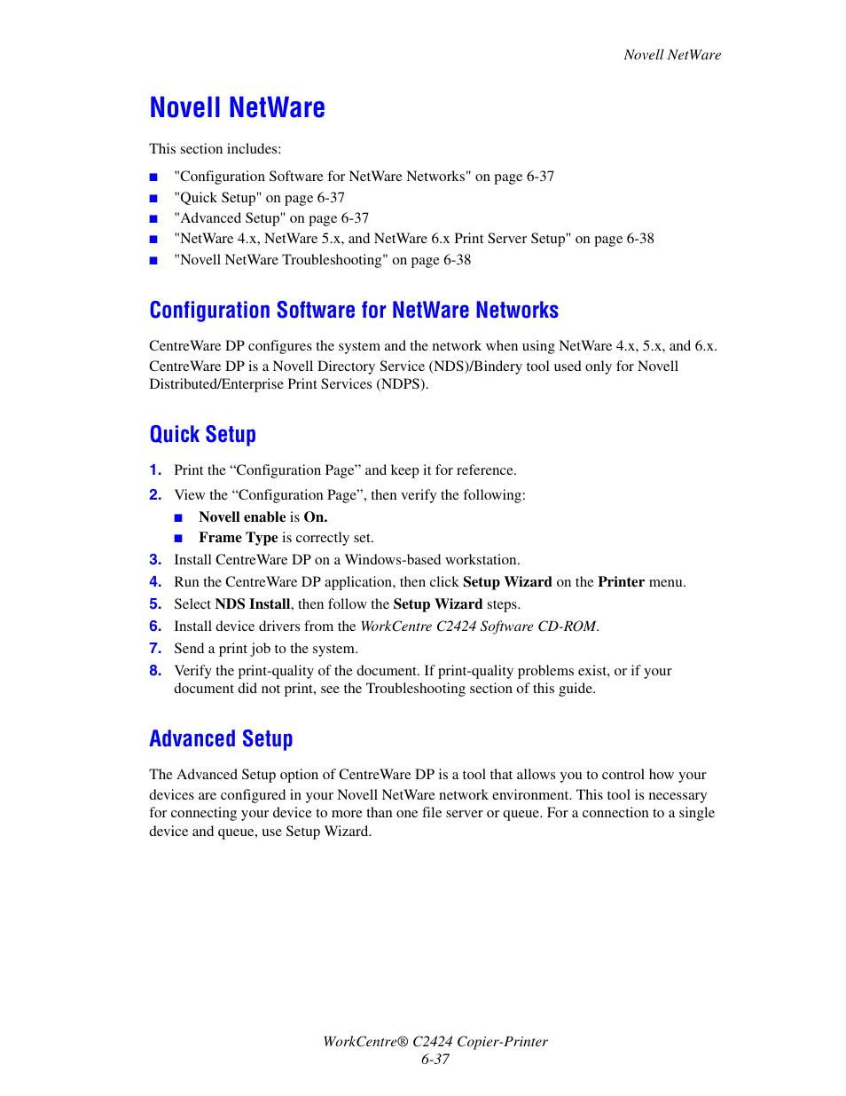 Novell netware, Configuration software for netware networks, Quick setup | Advanced setup, Novell netware -37 | Xerox WorkCentre C2424-3833 User Manual | Page 187 / 272