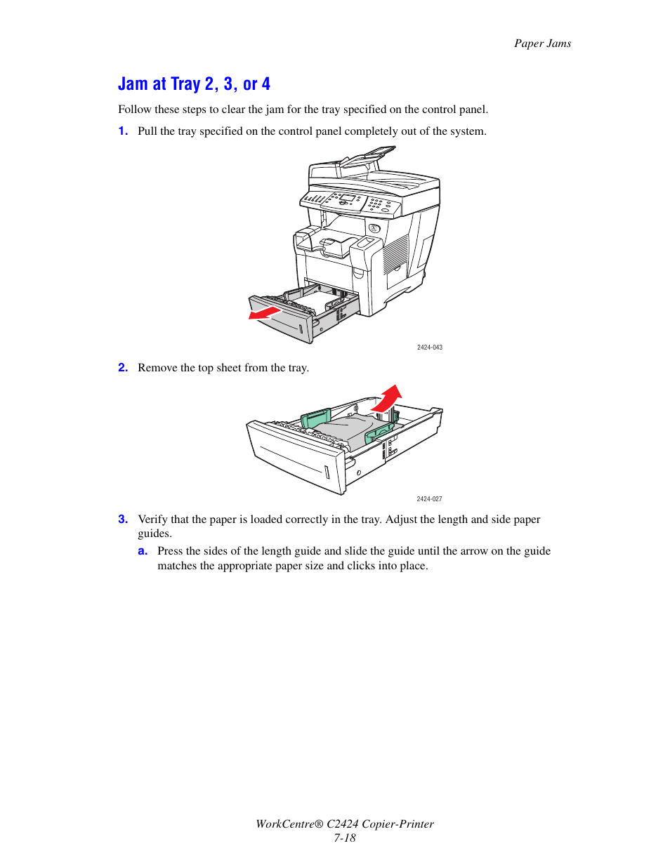 Jam at tray 2, 3, or 4, Jam at tray 2, 3, or 4 -18 | Xerox WorkCentre C2424-3833 User Manual | Page 211 / 272