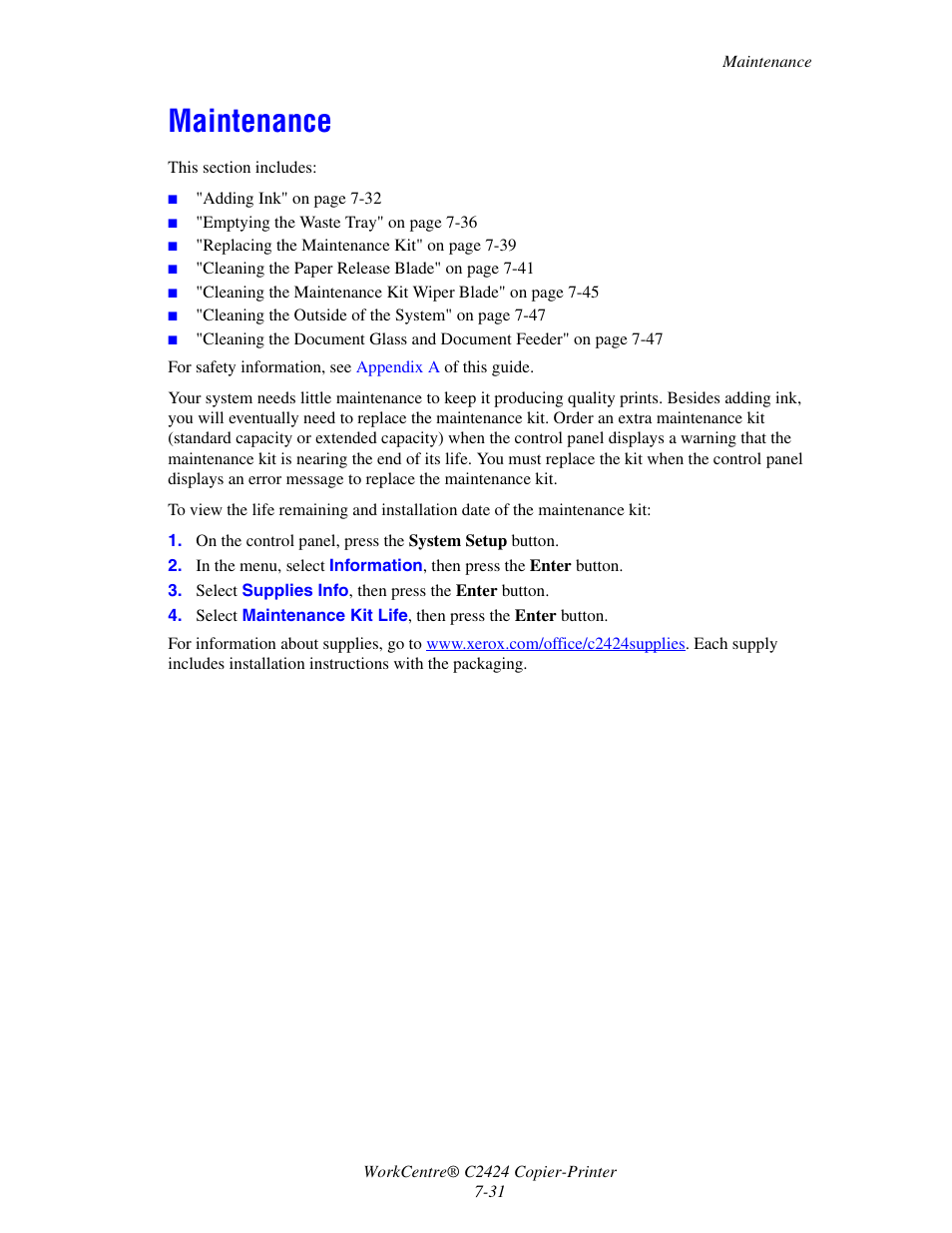 Maintenance, Maintenance -31 | Xerox WorkCentre C2424-3833 User Manual | Page 224 / 272