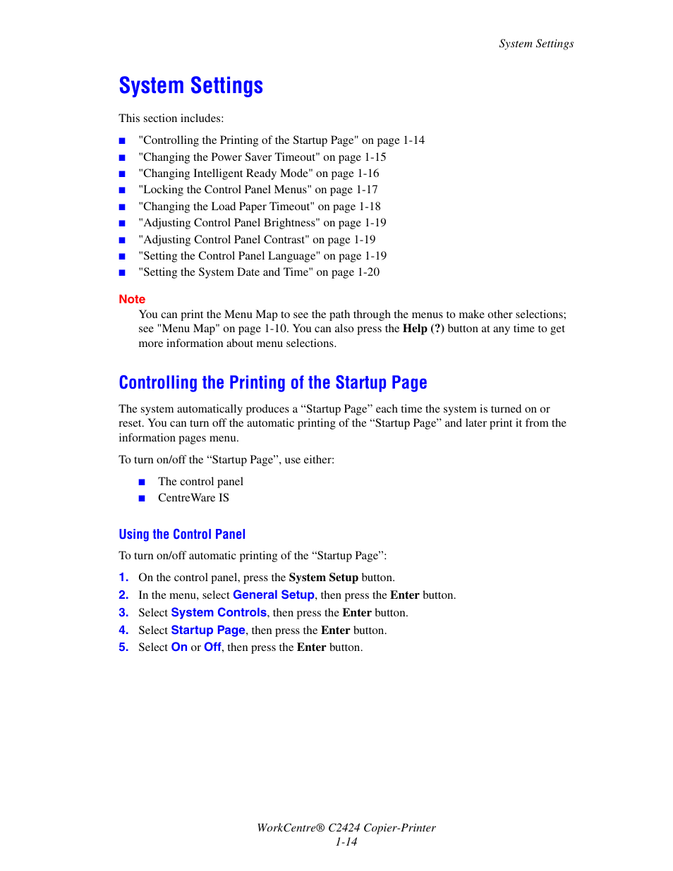 System settings, System settings -14, Controlling the printing of the startup page | Xerox WorkCentre C2424-3833 User Manual | Page 23 / 272