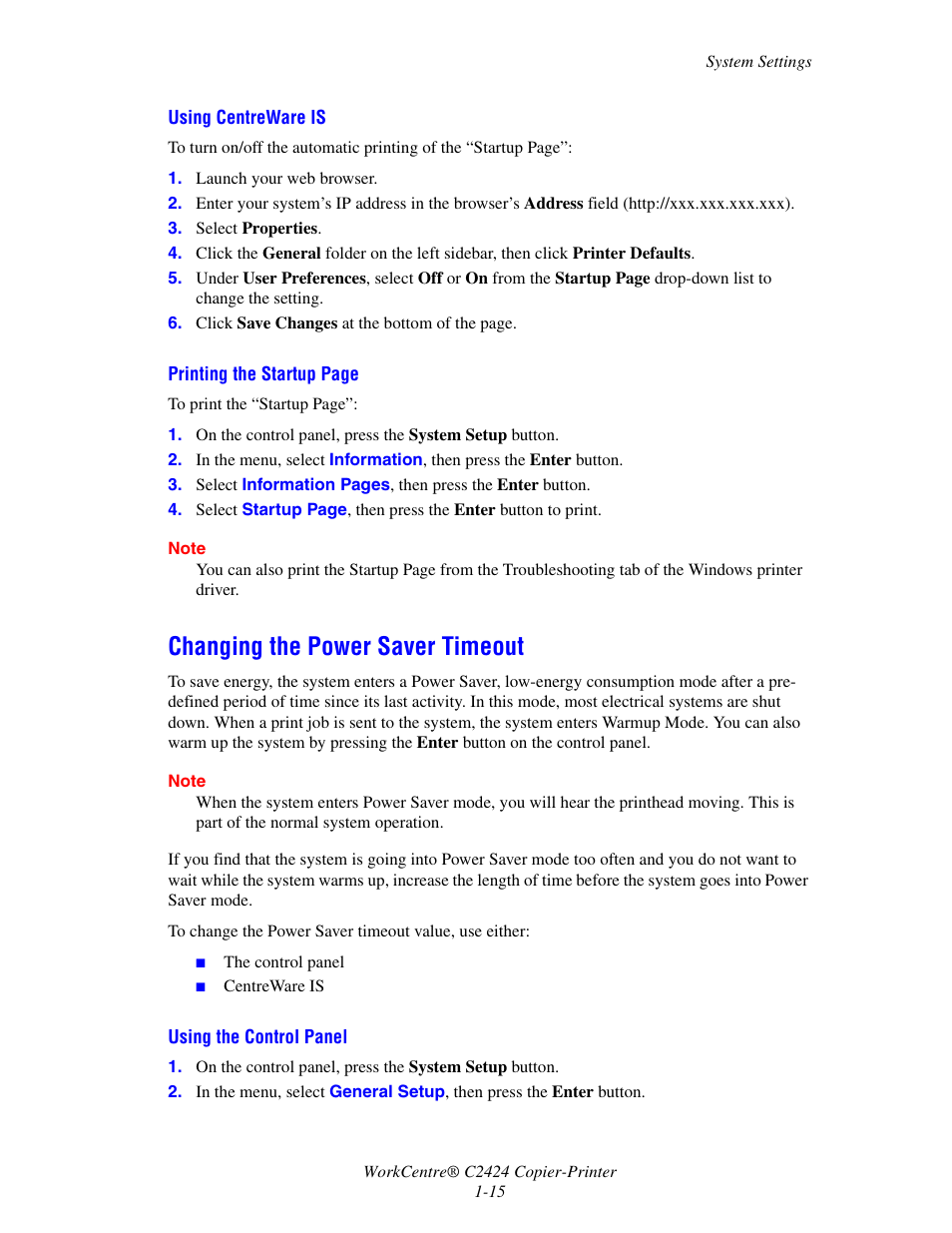 Changing the power saver timeout, Changing the power saver timeout -15 | Xerox WorkCentre C2424-3833 User Manual | Page 24 / 272