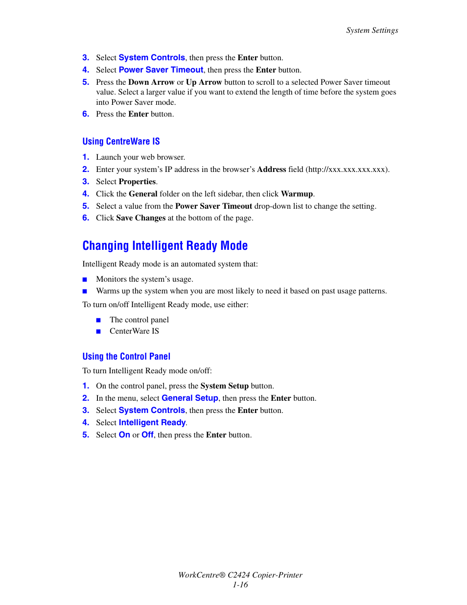 Changing intelligent ready mode, Changing intelligent ready mode -16 | Xerox WorkCentre C2424-3833 User Manual | Page 25 / 272