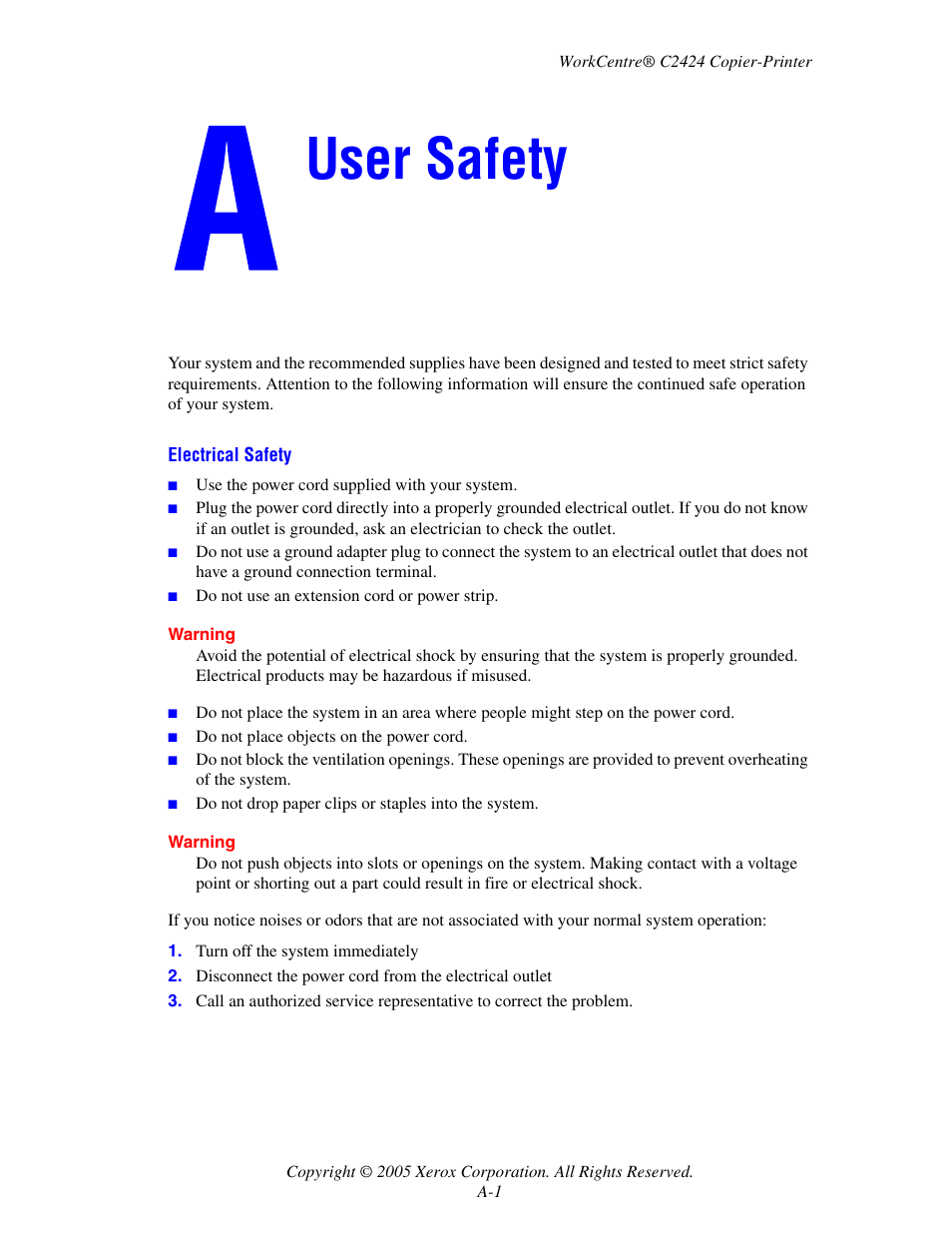 User safety | Xerox WorkCentre C2424-3833 User Manual | Page 251 / 272