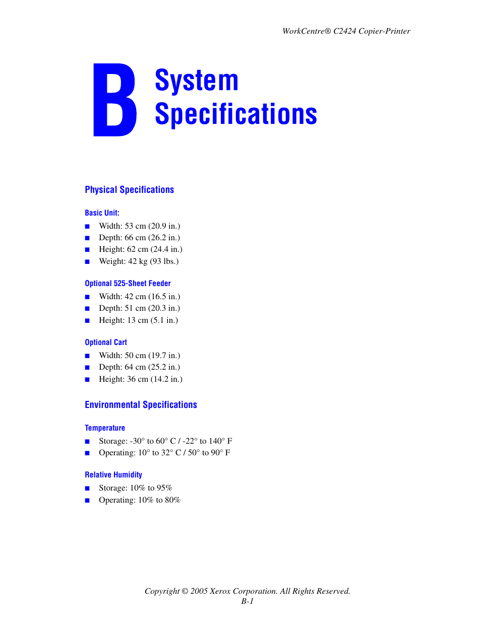 System specifications | Xerox WorkCentre C2424-3833 User Manual | Page 257 / 272