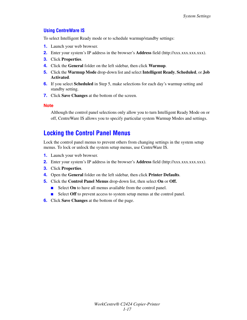 Locking the control panel menus, Locking the control panel menus -17 | Xerox WorkCentre C2424-3833 User Manual | Page 26 / 272