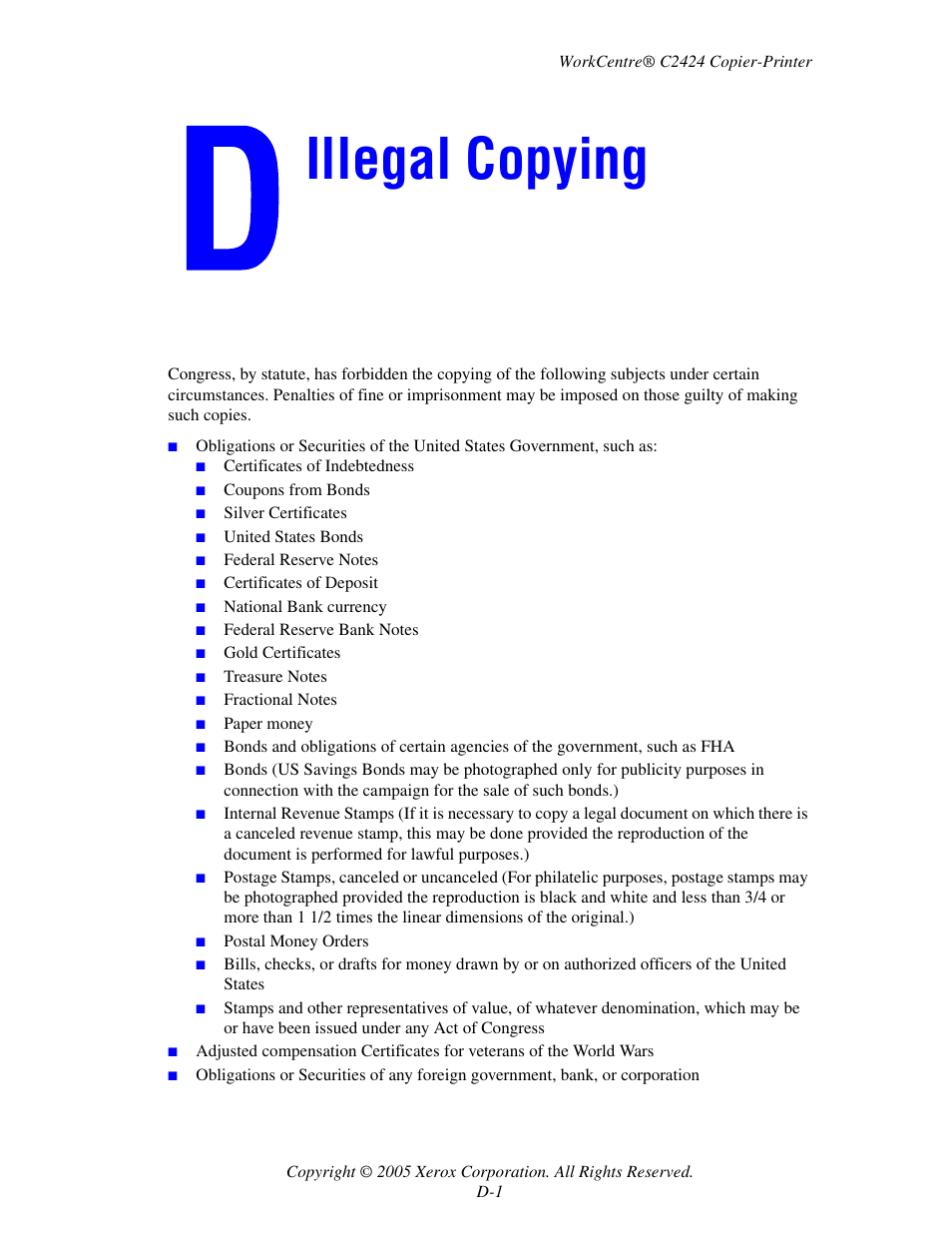 Illegal copying | Xerox WorkCentre C2424-3833 User Manual | Page 261 / 272