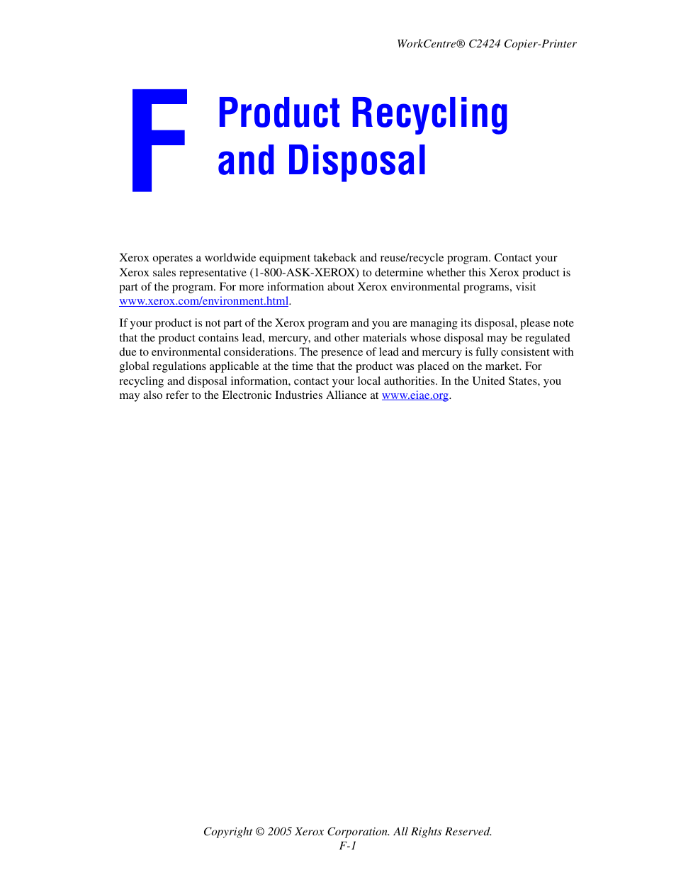 Product recycling and disposal | Xerox WorkCentre C2424-3833 User Manual | Page 264 / 272