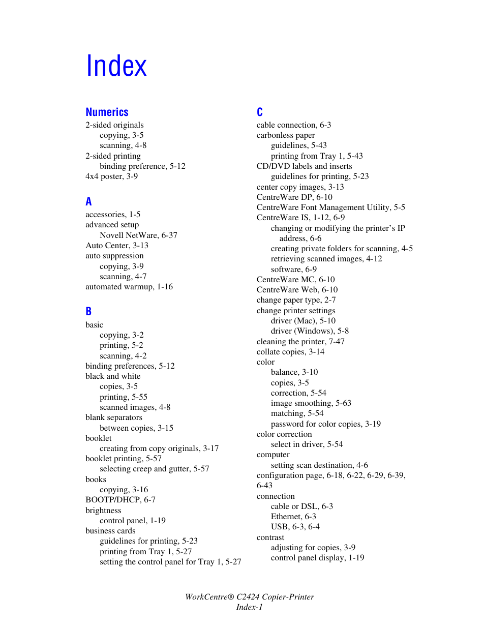 Index | Xerox WorkCentre C2424-3833 User Manual | Page 265 / 272