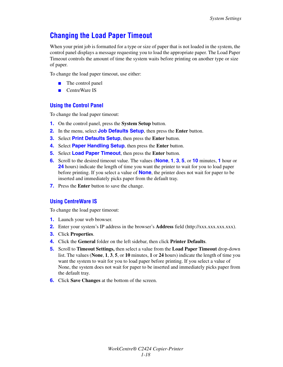 Changing the load paper timeout, Changing the load paper timeout -18 | Xerox WorkCentre C2424-3833 User Manual | Page 27 / 272