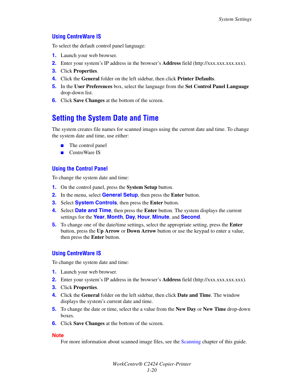 Setting the system date and time, Setting the system date and time -20 | Xerox WorkCentre C2424-3833 User Manual | Page 29 / 272