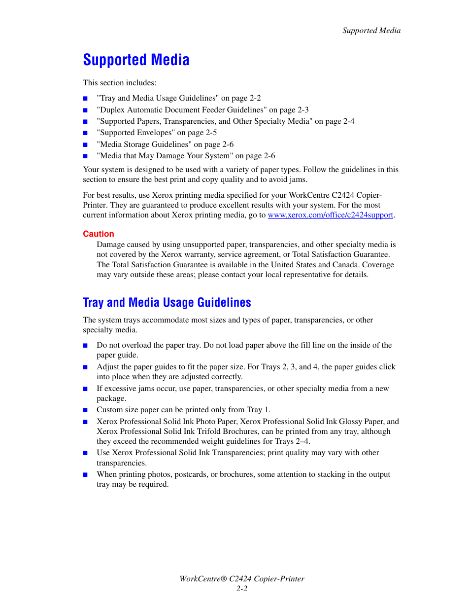 Supported media, Tray and media usage guidelines, Supported media -2 | Tray and media usage guidelines -2 | Xerox WorkCentre C2424-3833 User Manual | Page 31 / 272