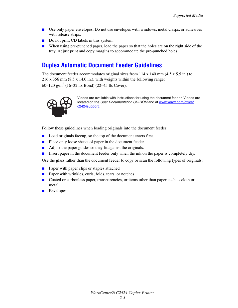 Duplex automatic document feeder guidelines, Duplex automatic document feeder guidelines -3 | Xerox WorkCentre C2424-3833 User Manual | Page 32 / 272