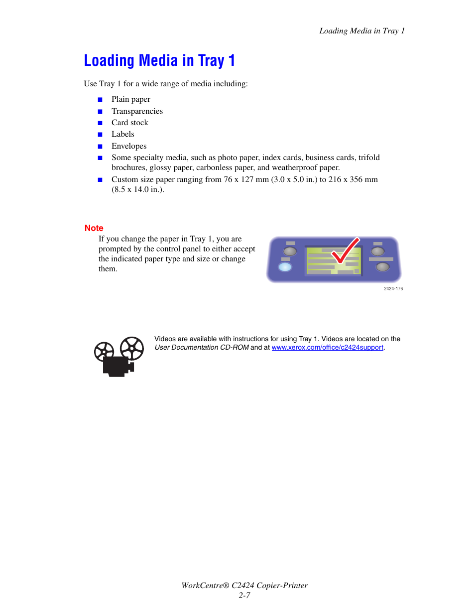 Loading media in tray 1, Loading media in tray 1 -7 | Xerox WorkCentre C2424-3833 User Manual | Page 36 / 272