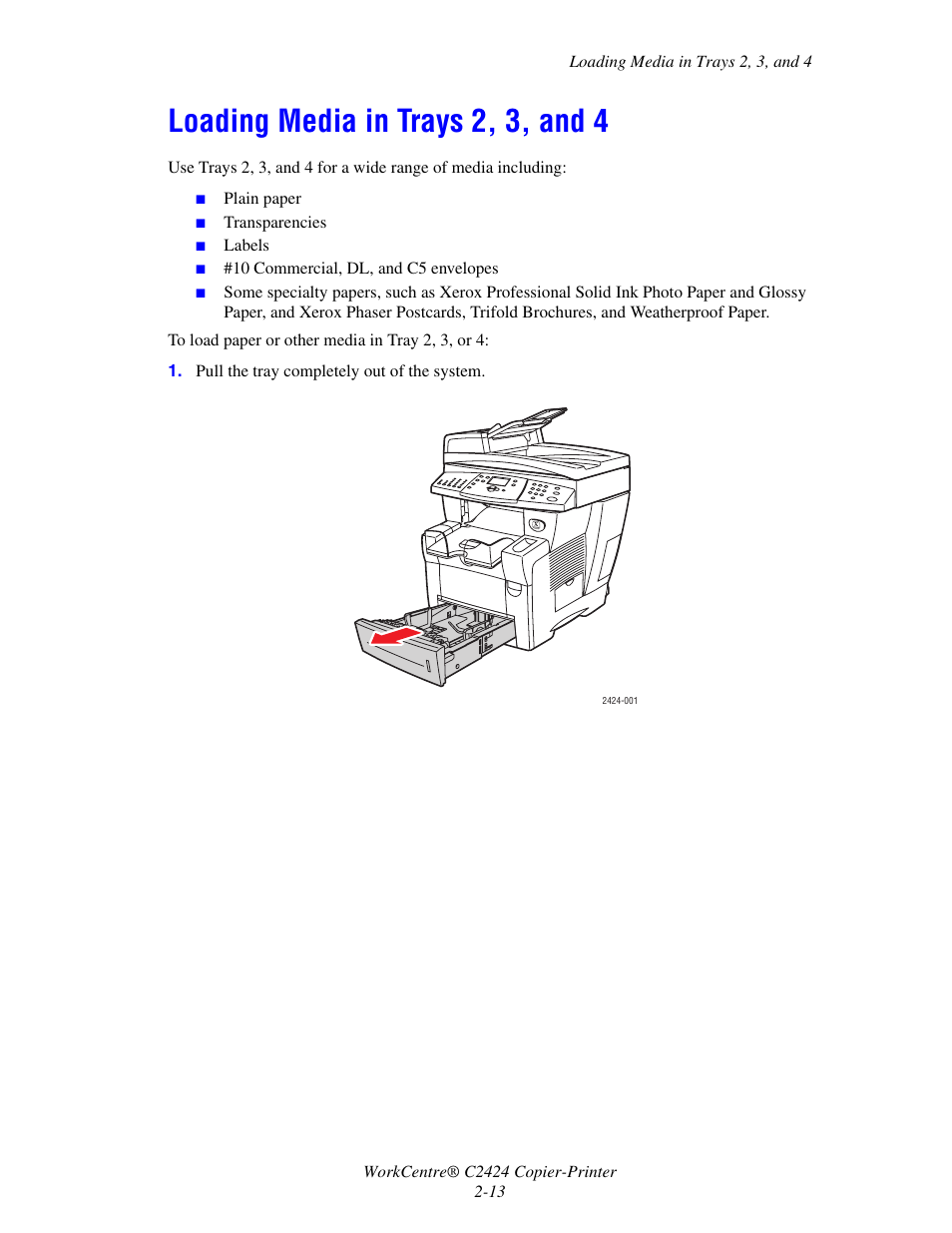 Loading media in trays 2, 3, and 4, Loading media in trays 2, 3, and 4 -13 | Xerox WorkCentre C2424-3833 User Manual | Page 42 / 272