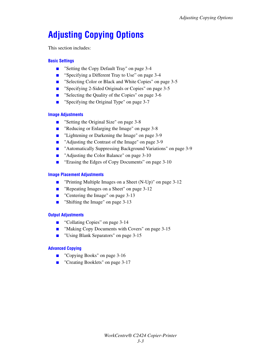 Adjusting copying options, Adjusting copying options -3 | Xerox WorkCentre C2424-3833 User Manual | Page 48 / 272