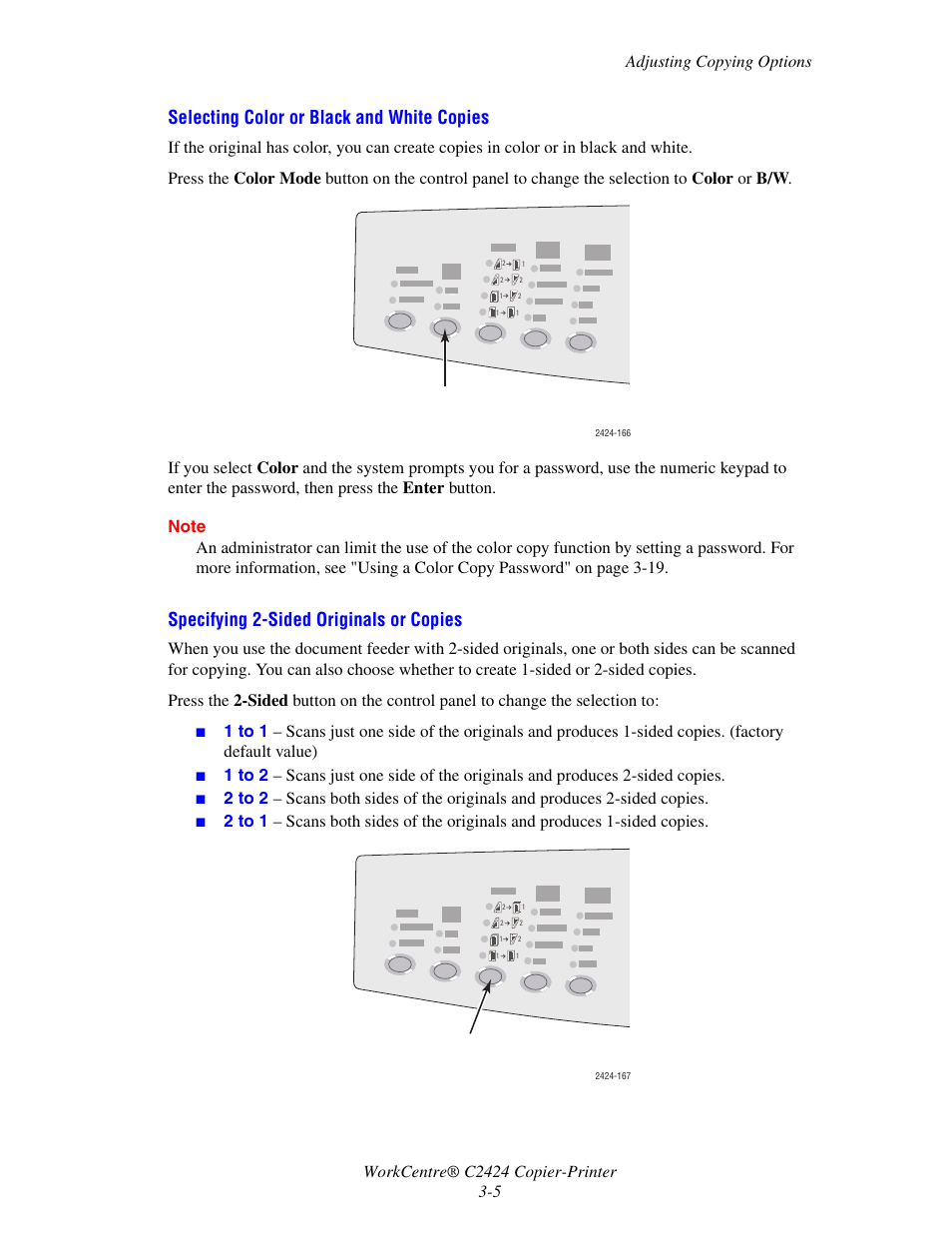 Selecting color or black and white copies, Specifying 2-sided originals or copies | Xerox WorkCentre C2424-3833 User Manual | Page 50 / 272