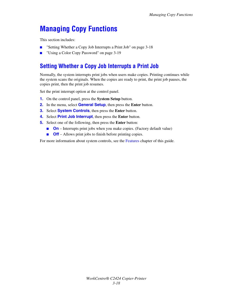 Managing copy functions, Setting whether a copy job interrupts a print job, Managing copy functions -18 | Xerox WorkCentre C2424-3833 User Manual | Page 63 / 272