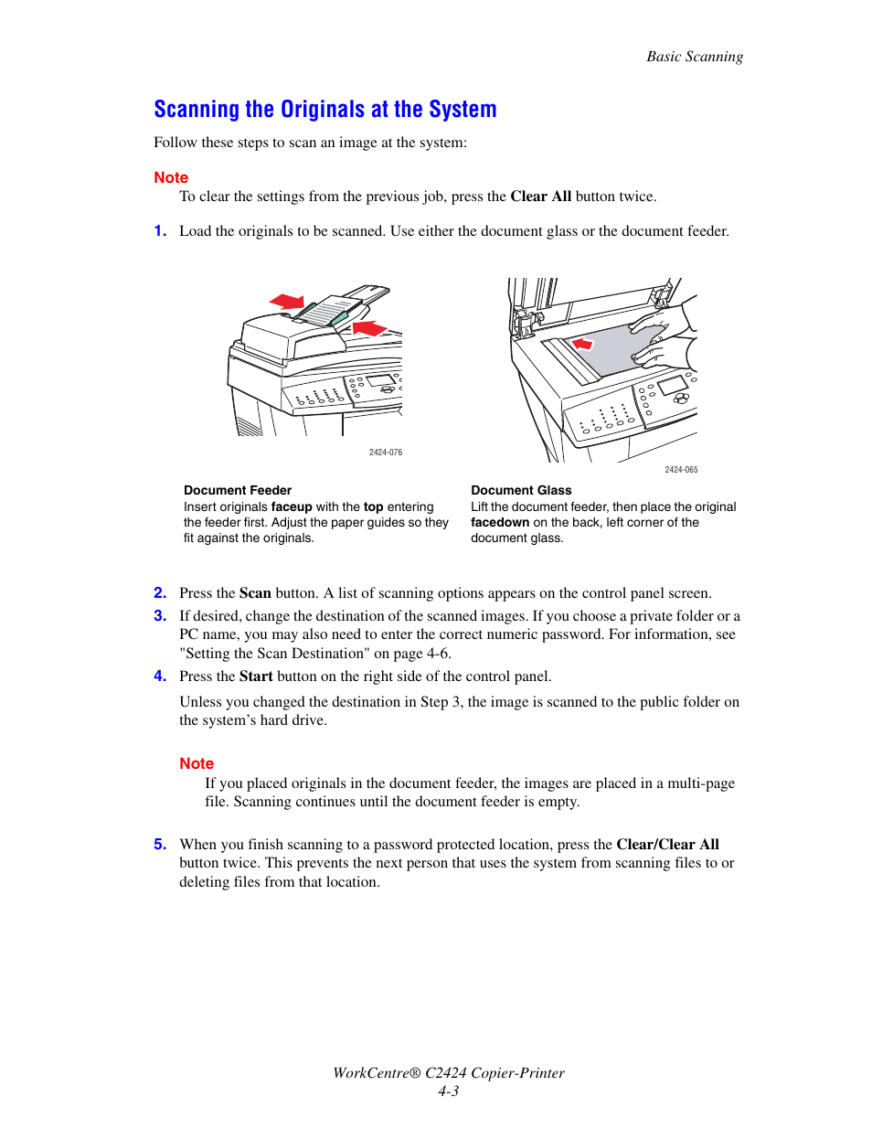 Scanning the originals at the system, Scanning the originals at the system -3 | Xerox WorkCentre C2424-3833 User Manual | Page 67 / 272