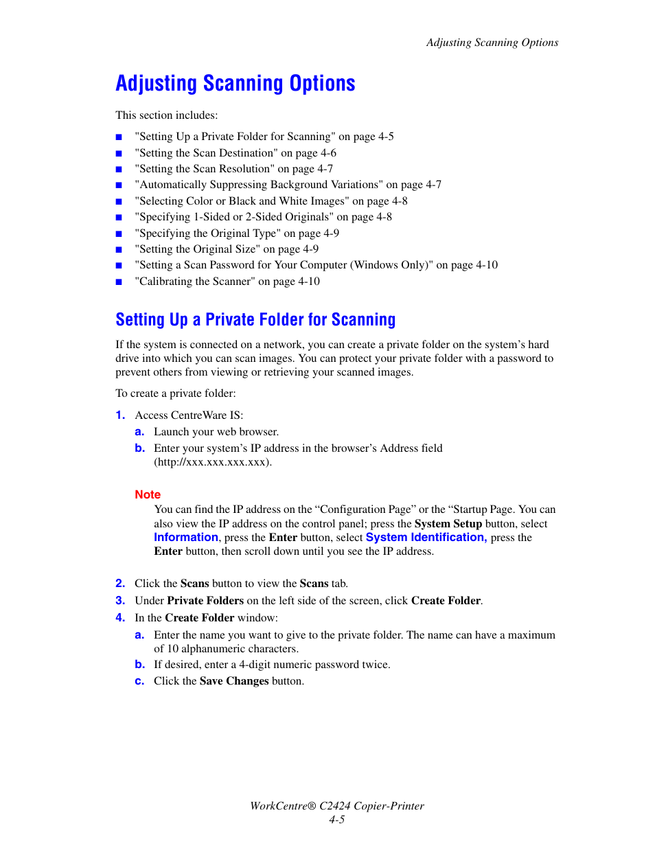 Adjusting scanning options, Setting up a private folder for scanning, Adjusting scanning options -5 | Setting up a private folder for scanning -5 | Xerox WorkCentre C2424-3833 User Manual | Page 69 / 272