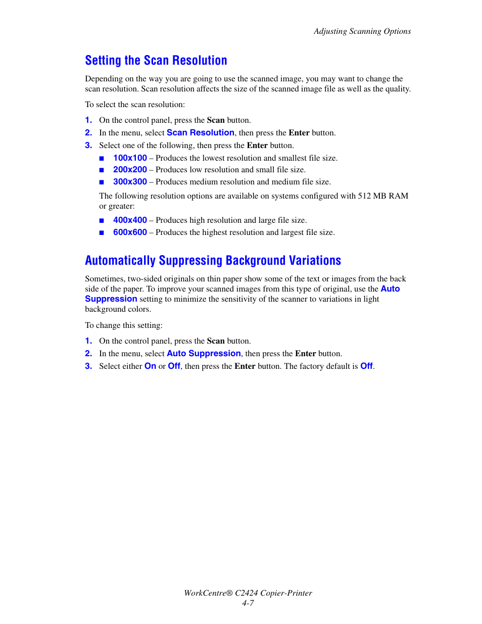 Setting the scan resolution, Automatically suppressing background variations | Xerox WorkCentre C2424-3833 User Manual | Page 71 / 272