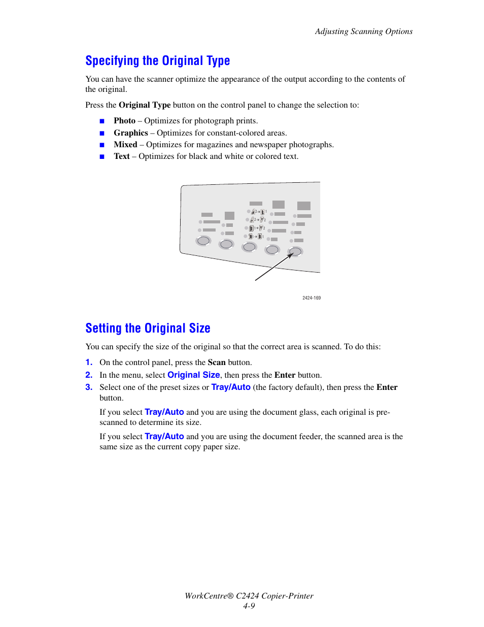 Specifying the original type, Setting the original size | Xerox WorkCentre C2424-3833 User Manual | Page 73 / 272