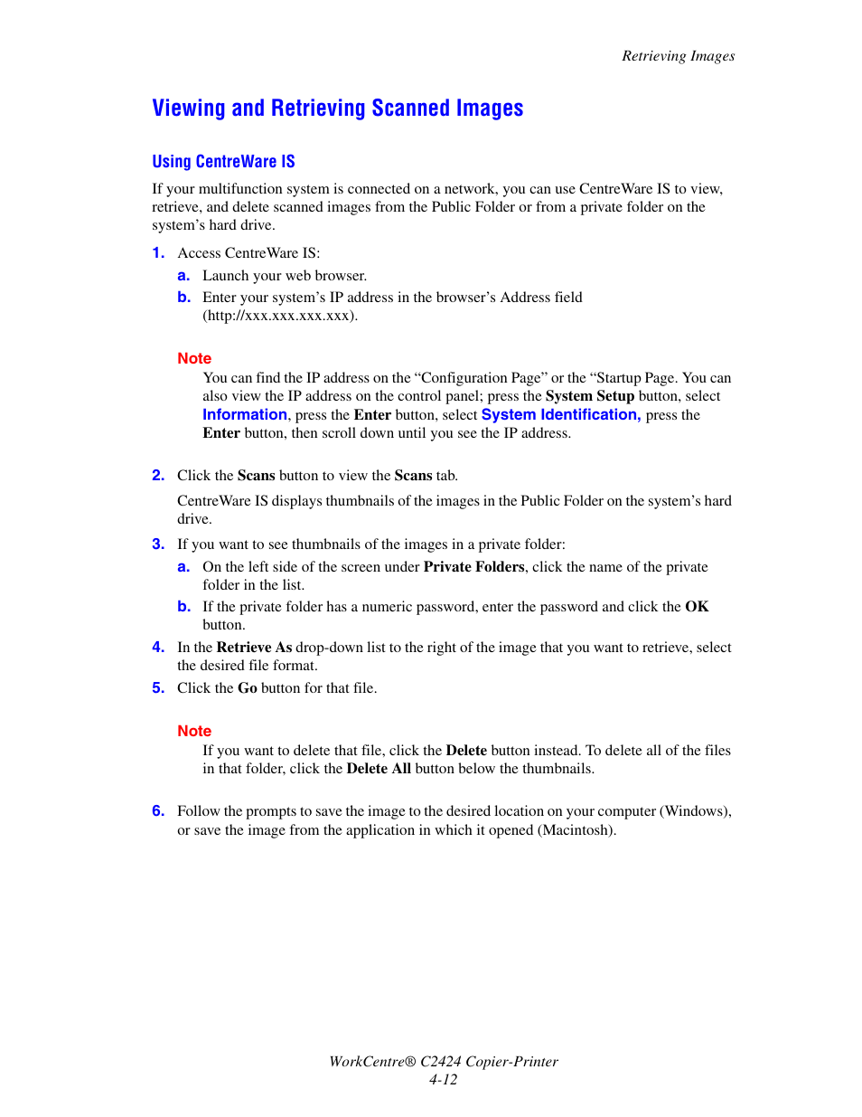 Viewing and retrieving scanned images, Viewing and retrieving scanned images -12 | Xerox WorkCentre C2424-3833 User Manual | Page 76 / 272