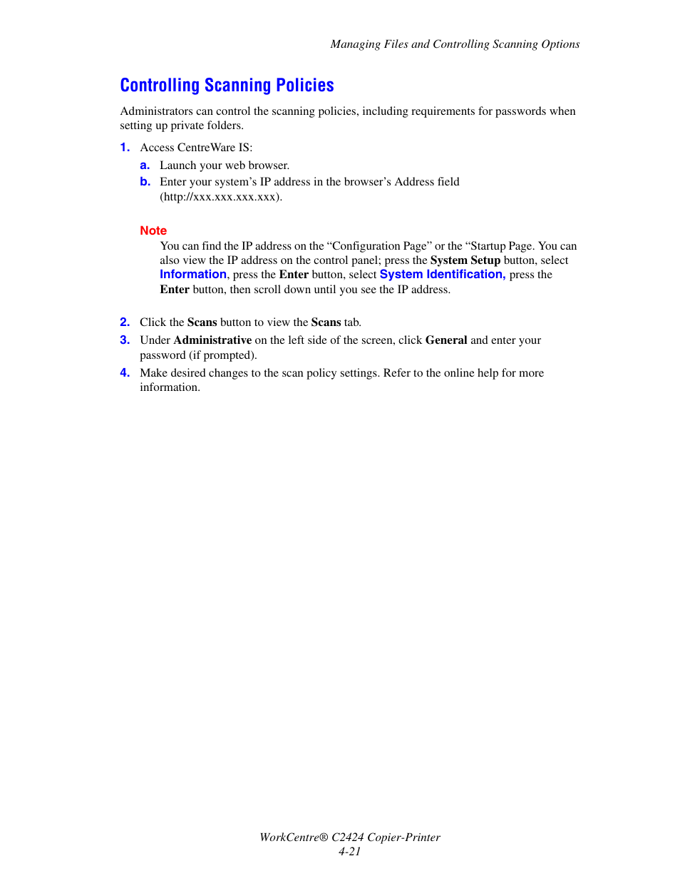 Controlling scanning policies, Controlling scanning policies -21 | Xerox WorkCentre C2424-3833 User Manual | Page 85 / 272