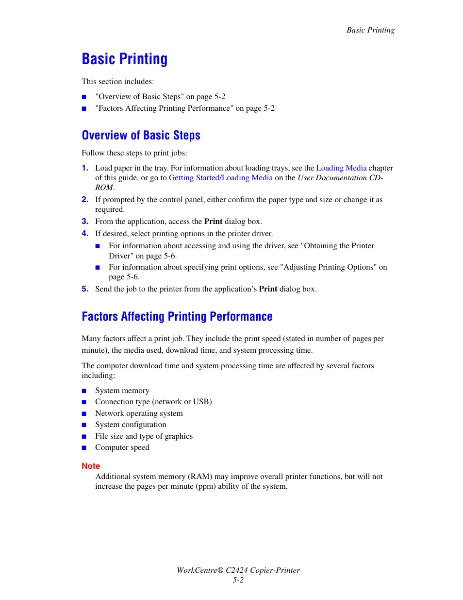 Basic printing, Overview of basic steps, Factors affecting printing performance | Basic printing -2 | Xerox WorkCentre C2424-3833 User Manual | Page 87 / 272