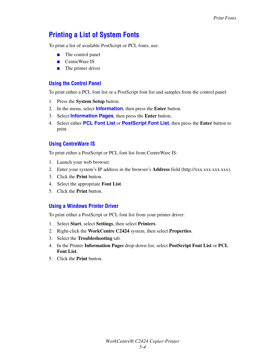 Printing a list of system fonts, Printing a list of system fonts -4 | Xerox WorkCentre C2424-3833 User Manual | Page 89 / 272