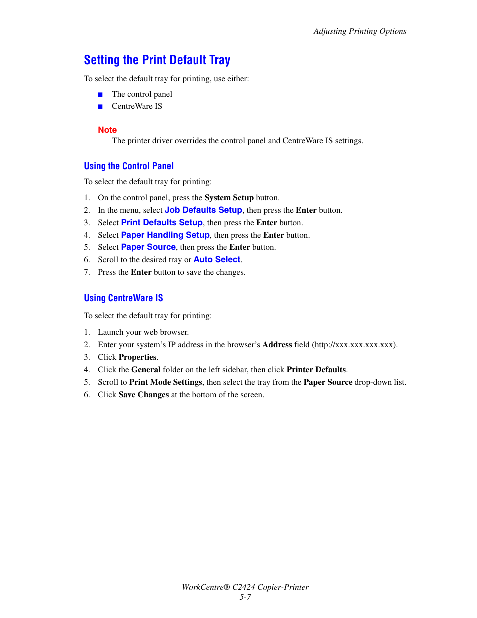 Setting the print default tray, Setting the print default tray -7 | Xerox WorkCentre C2424-3833 User Manual | Page 92 / 272