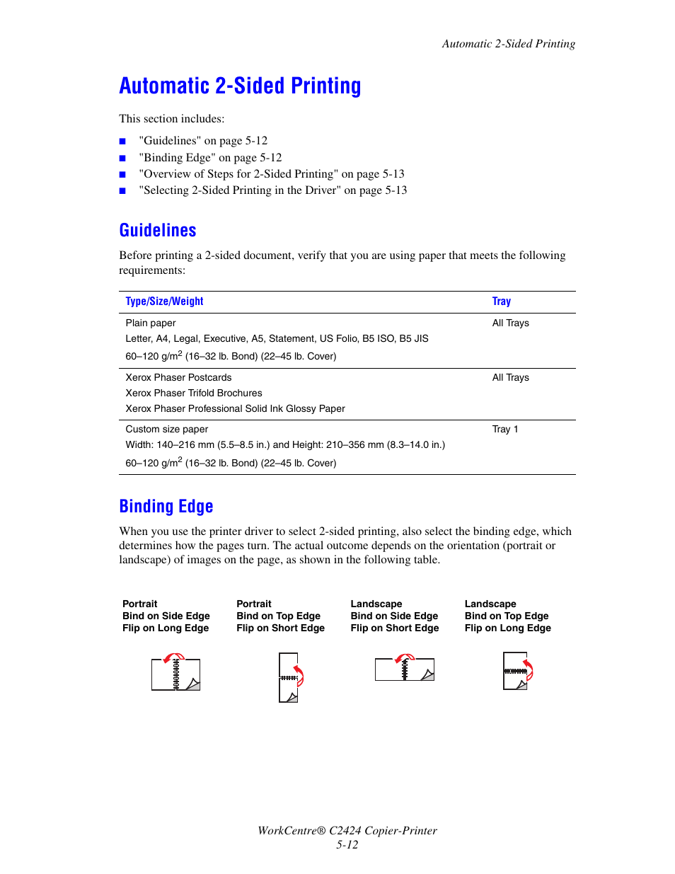 Automatic 2-sided printing, Guidelines, Binding edge | Automatic 2-sided printing -12, Guidelines -12 binding edge -12 | Xerox WorkCentre C2424-3833 User Manual | Page 97 / 272