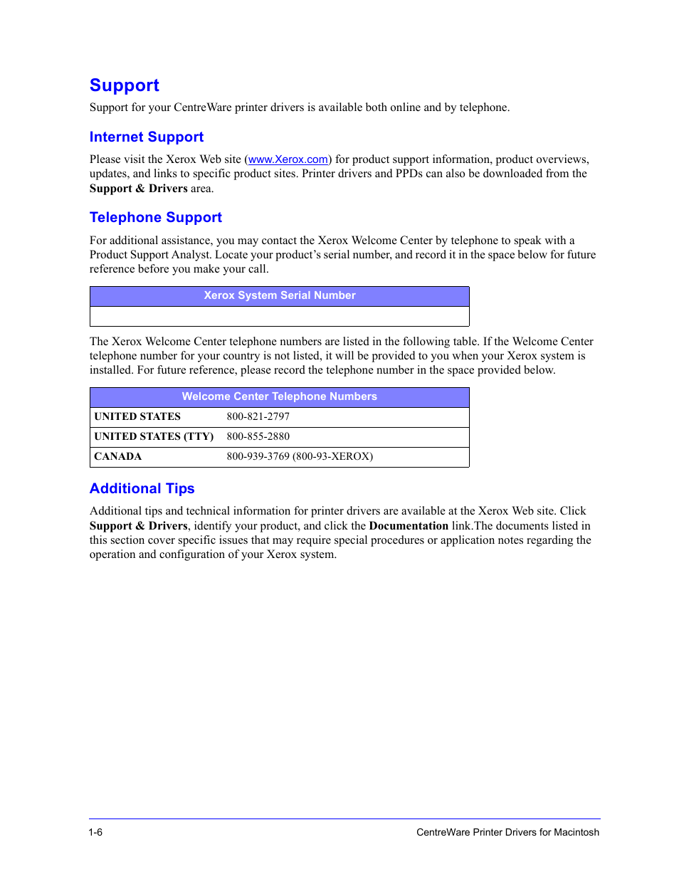 Support, Internet support, Telephone support | Additional tips, Support -6 | Xerox WorkCentre 7655-7665-7675-2530 User Manual | Page 10 / 32