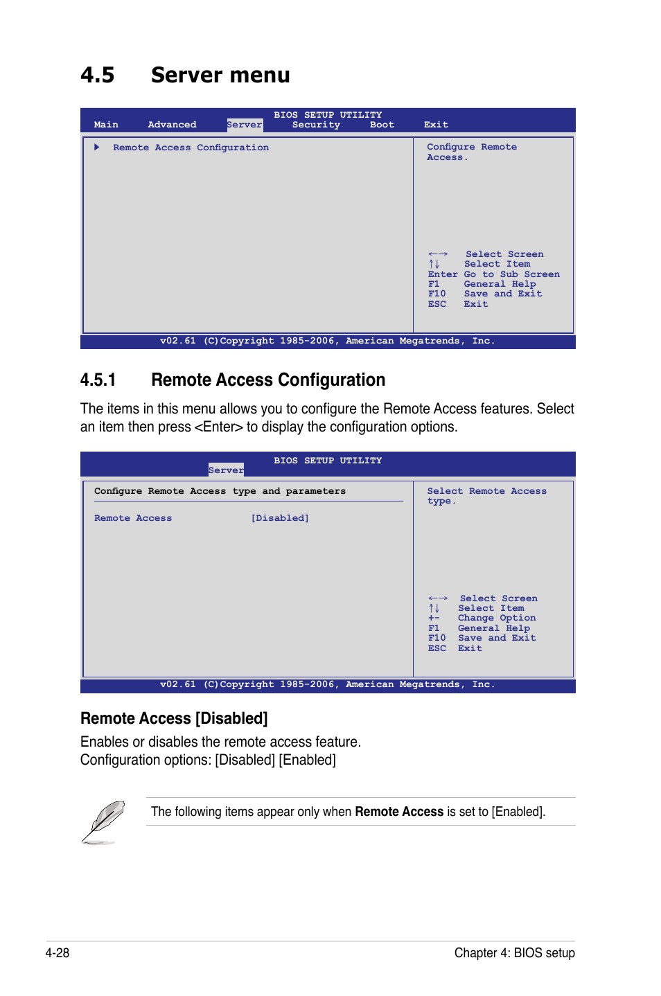 5 server menu, 1 remote access configuration, Server menu -28 4.5.1 | Remote access configuration -28, Remote access [disabled | Asus DSEB-D16 User Manual | Page 100 / 200