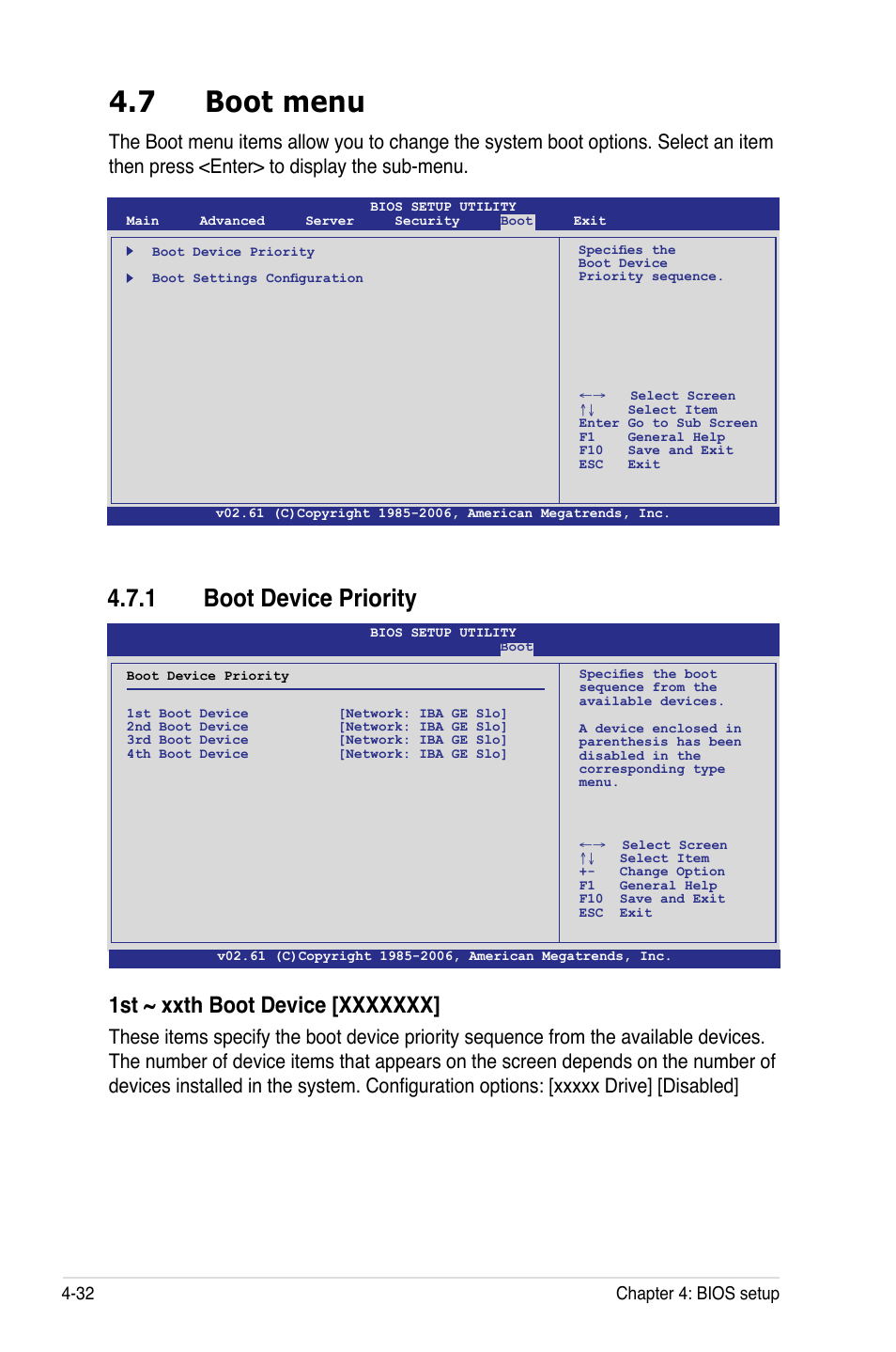 7 boot menu, 1 boot device priority, Boot menu -32 4.7.1 | Boot device priority -32 | Asus DSEB-D16 User Manual | Page 104 / 200