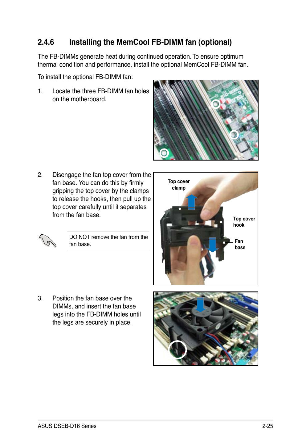 6 installing the memcool fb-dimm fan (optional), Installing the memcool fb-dimm fan (optional) -25 | Asus DSEB-D16 User Manual | Page 45 / 200