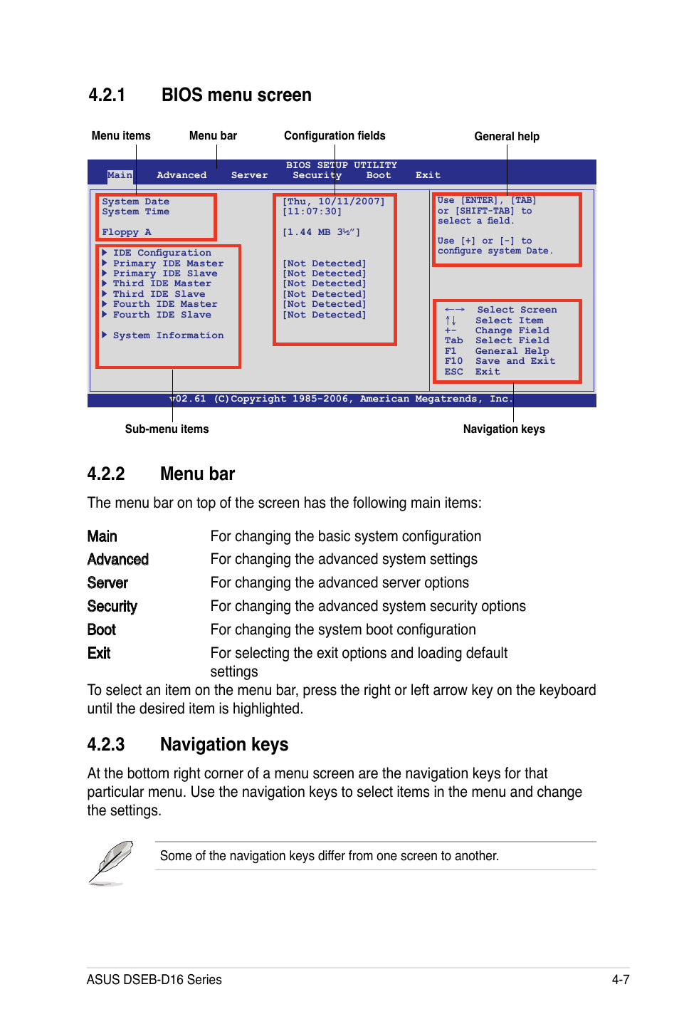 1 bios menu screen, 2 menu bar, 3 navigation keys | Bios menu screen -7, Menu bar -7, Navigation keys -7 | Asus DSEB-D16 User Manual | Page 79 / 200