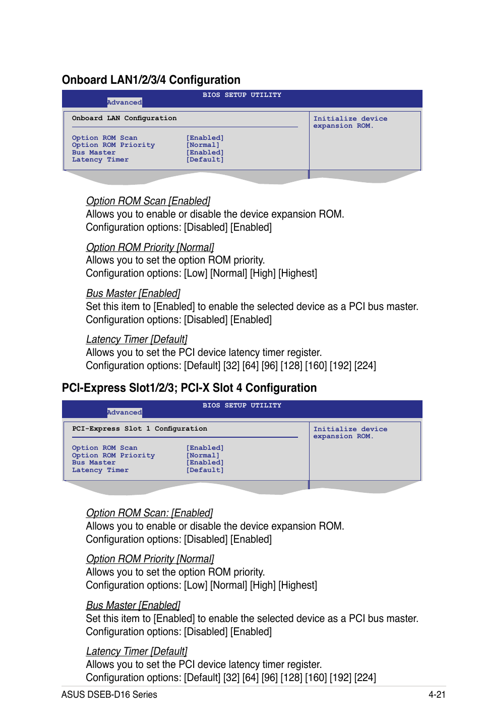 Onboard lan1/2/3/4 configuration, Pci-express slot1/2/3; pci-x slot 4 configuration | Asus DSEB-D16 User Manual | Page 93 / 200