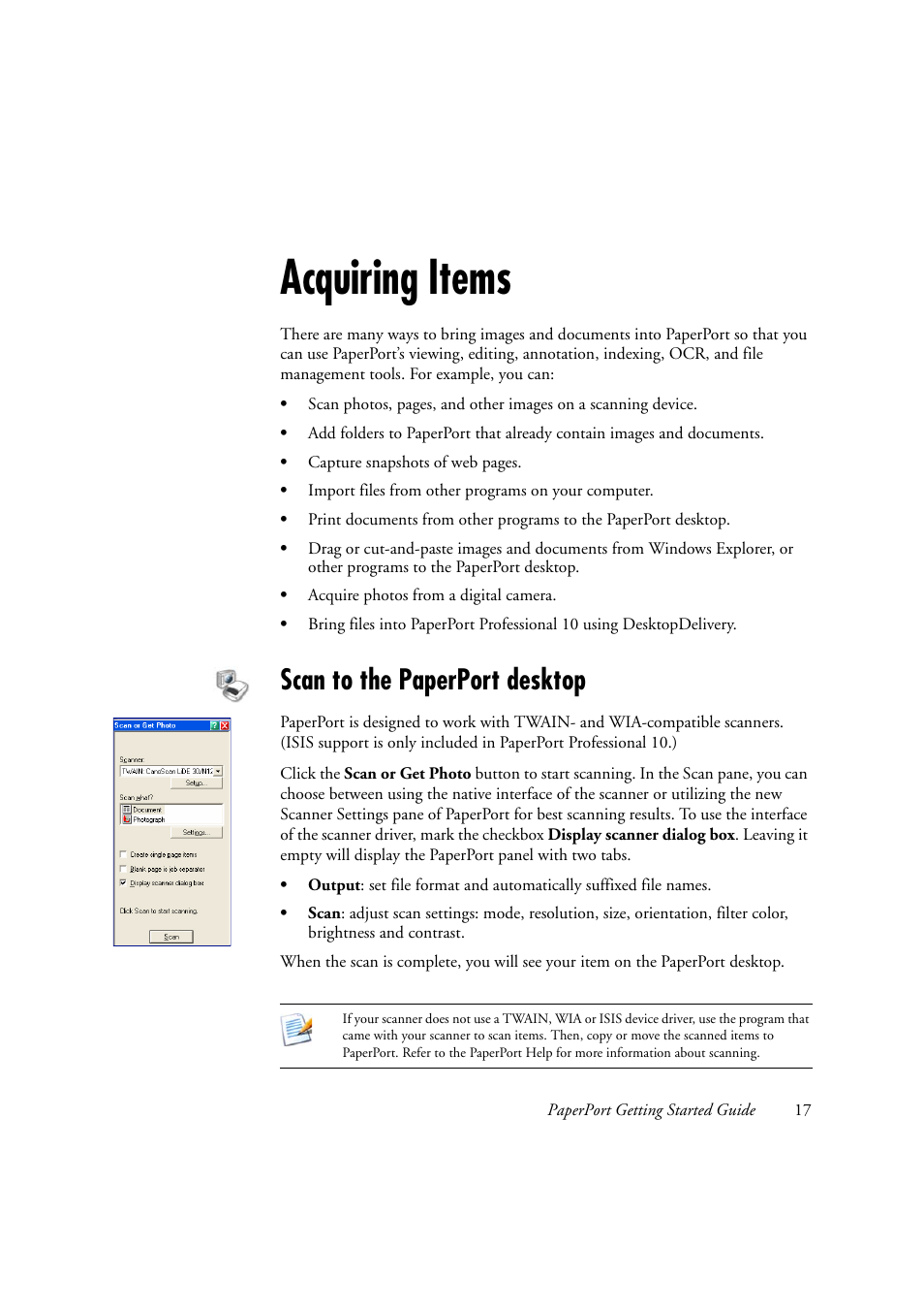 Acquiring items, Scan to the paperport desktop | Xerox WorkCentre C2424-2655 User Manual | Page 17 / 36