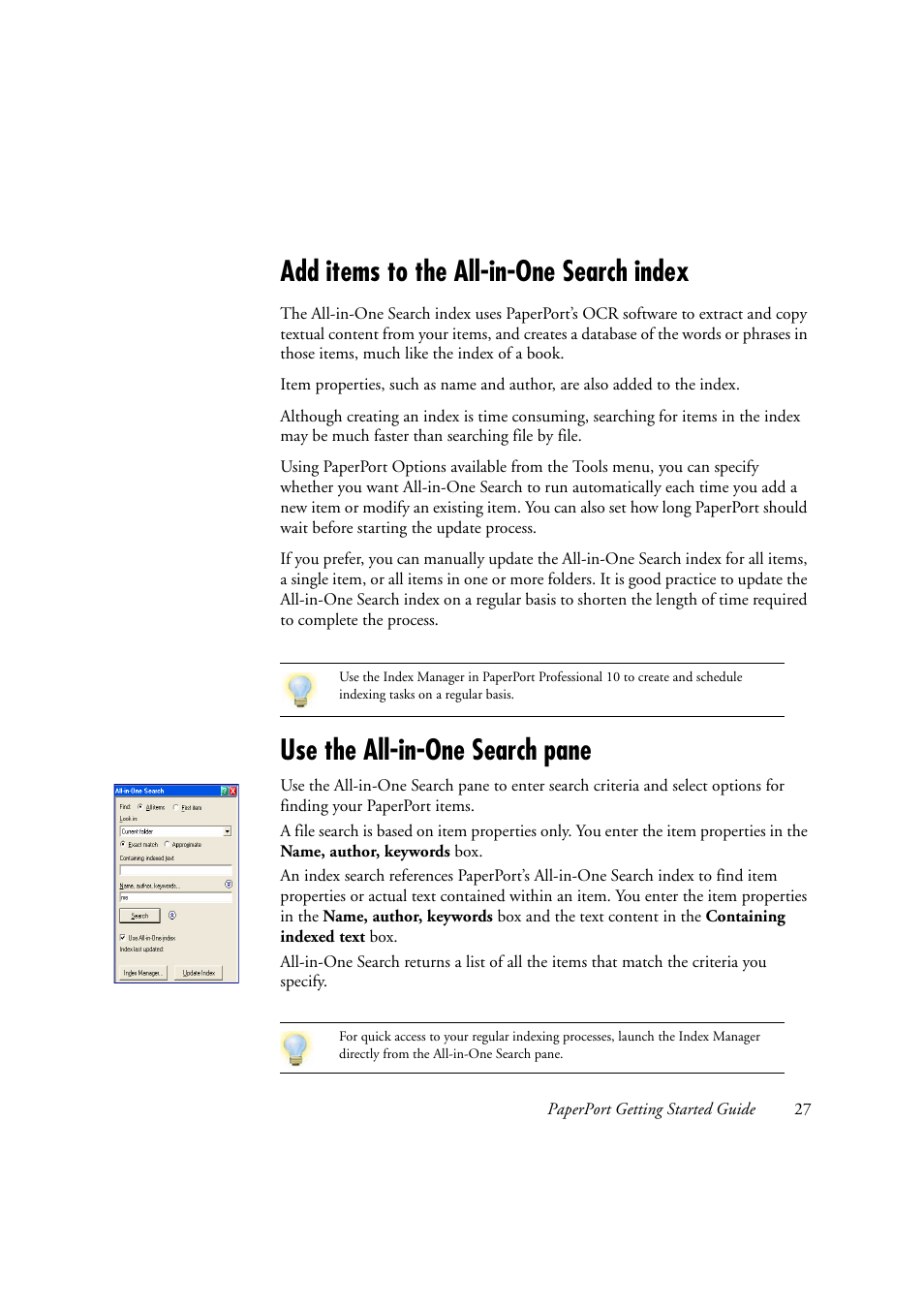 Add items to the all-in-one search index, Use the all-in-one search pane | Xerox WorkCentre C2424-2655 User Manual | Page 27 / 36