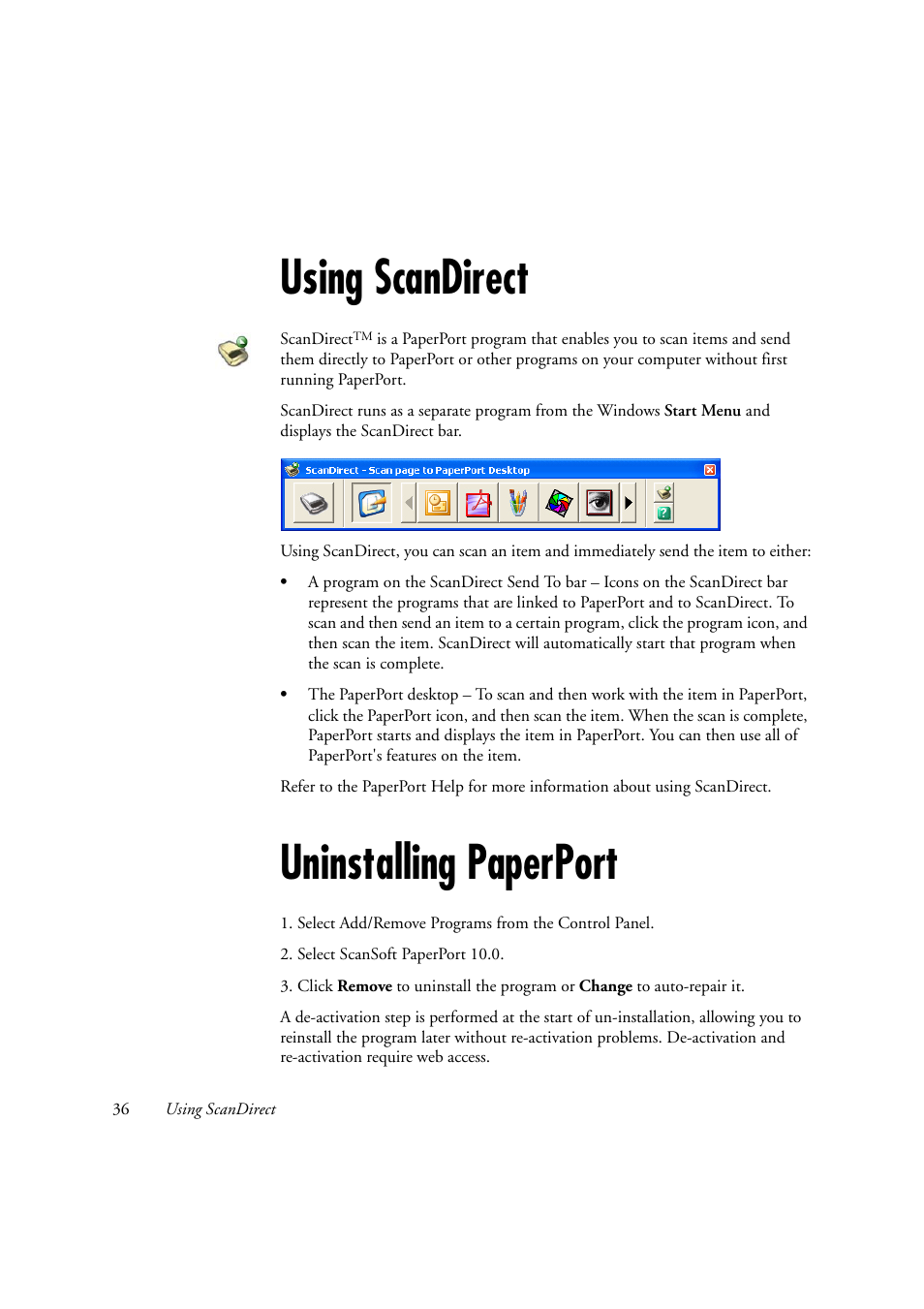 Using scandirect, Uninstalling paperport | Xerox WorkCentre C2424-2655 User Manual | Page 36 / 36