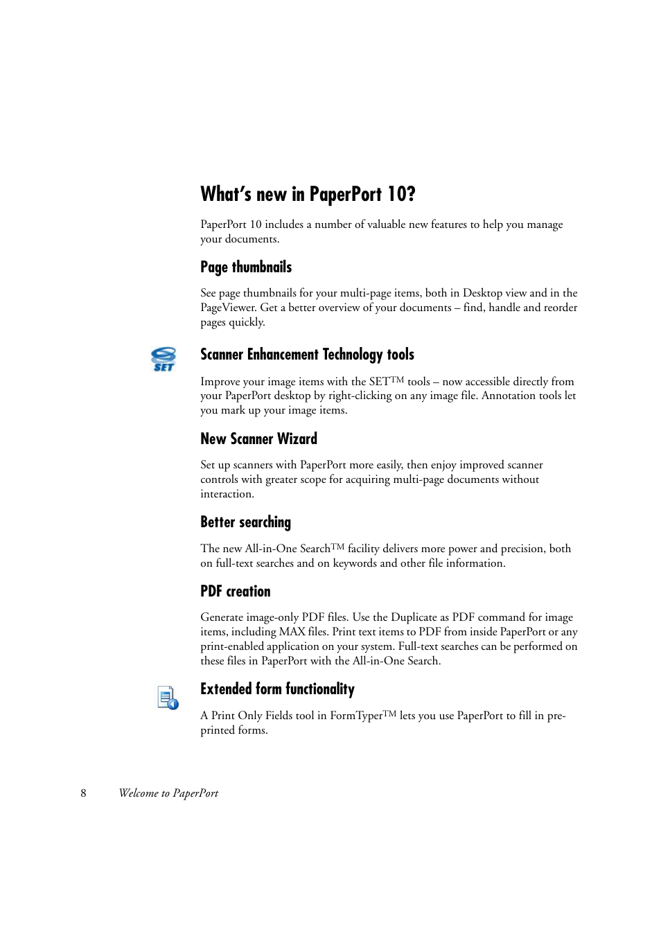 What’s new in paperport 10, Page thumbnails, Scanner enhancement technology tools | New scanner wizard, Better searching, Pdf creation, Extended form functionality | Xerox WorkCentre C2424-2655 User Manual | Page 8 / 36