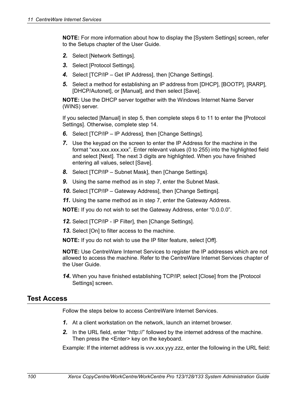 Test access | Xerox WorkCentre M123-M128-6336 User Manual | Page 100 / 166