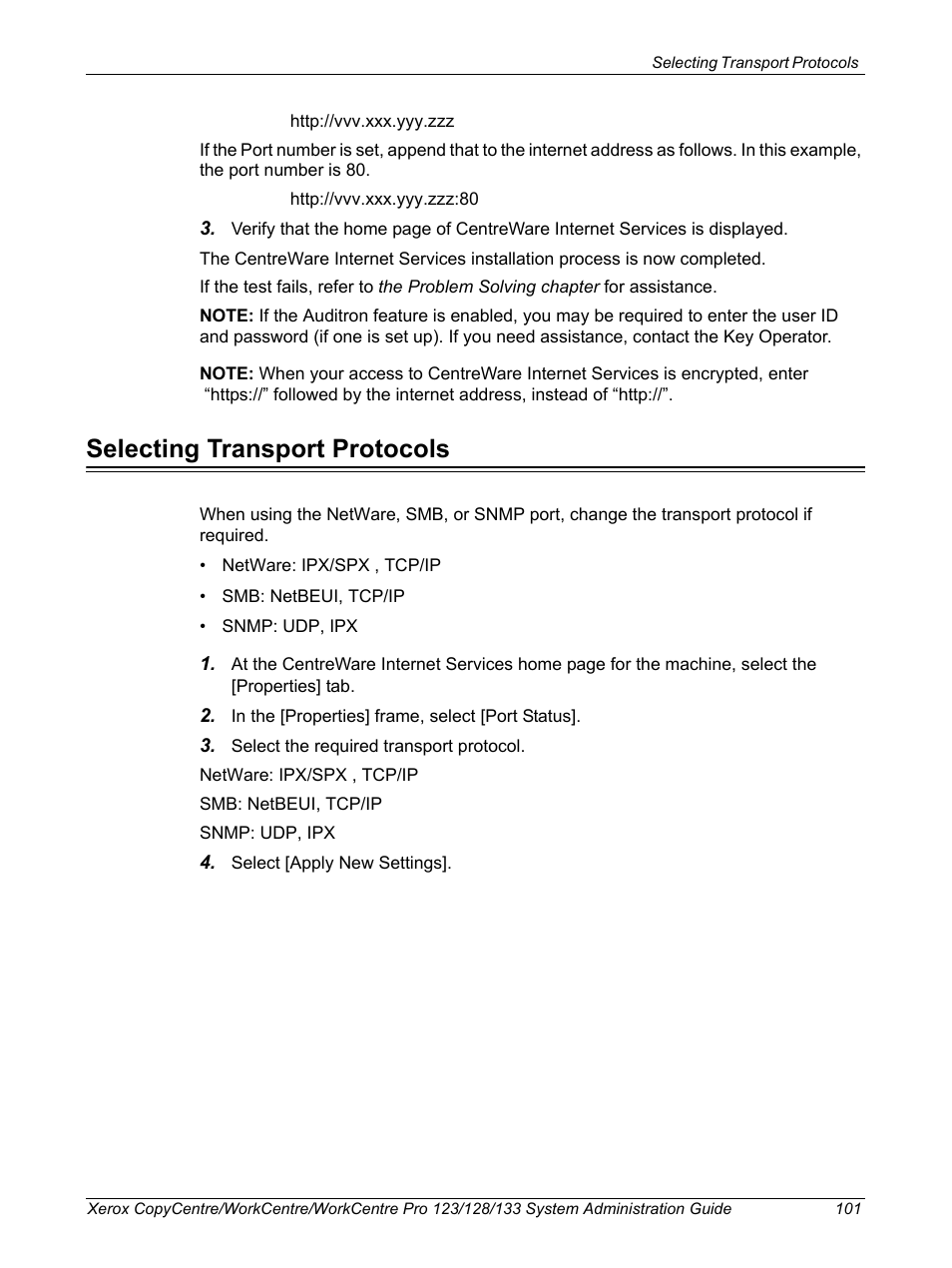 Selecting transport protocols | Xerox WorkCentre M123-M128-6336 User Manual | Page 101 / 166