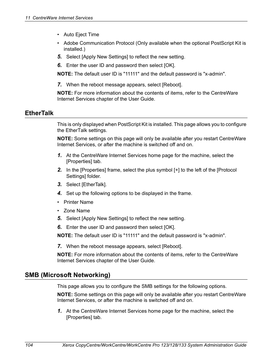 Ethertalk, Smb (microsoft networking), Ethertalk smb (microsoft networking) | Xerox WorkCentre M123-M128-6336 User Manual | Page 104 / 166