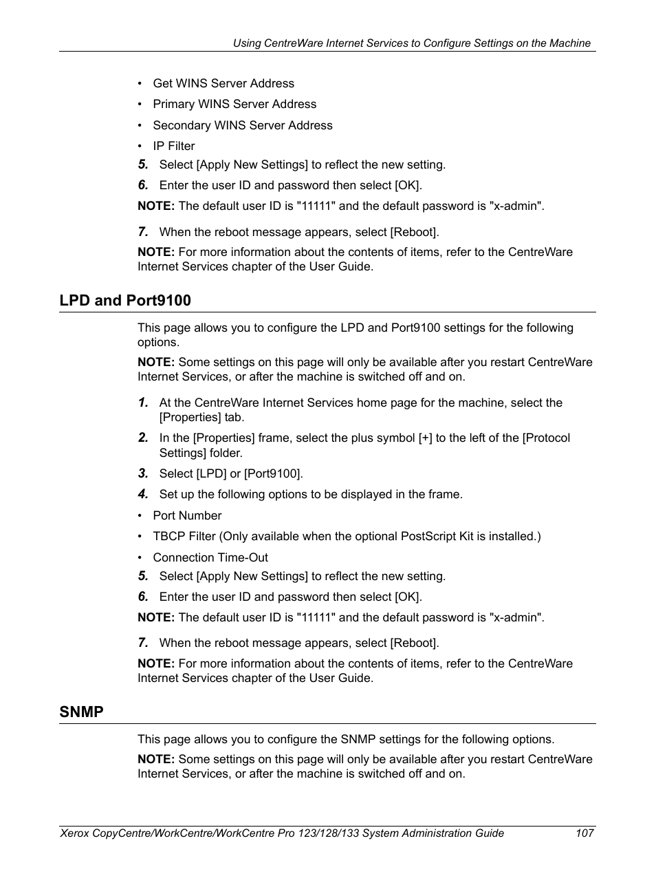 Lpd and port9100, Snmp, Lpd and port9100 snmp | Xerox WorkCentre M123-M128-6336 User Manual | Page 107 / 166