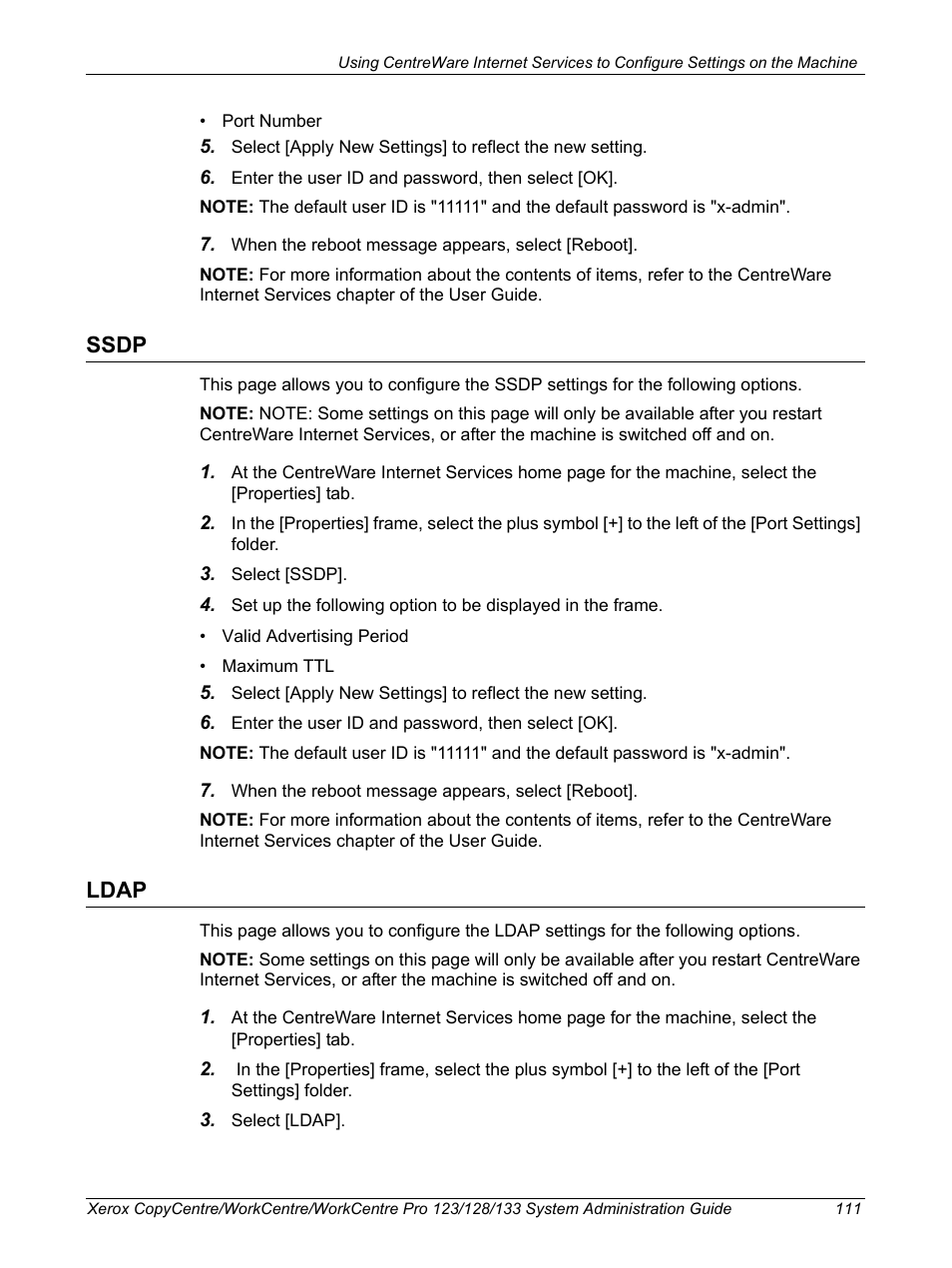 Ssdp, Ldap, Ssdp ldap | Xerox WorkCentre M123-M128-6336 User Manual | Page 111 / 166