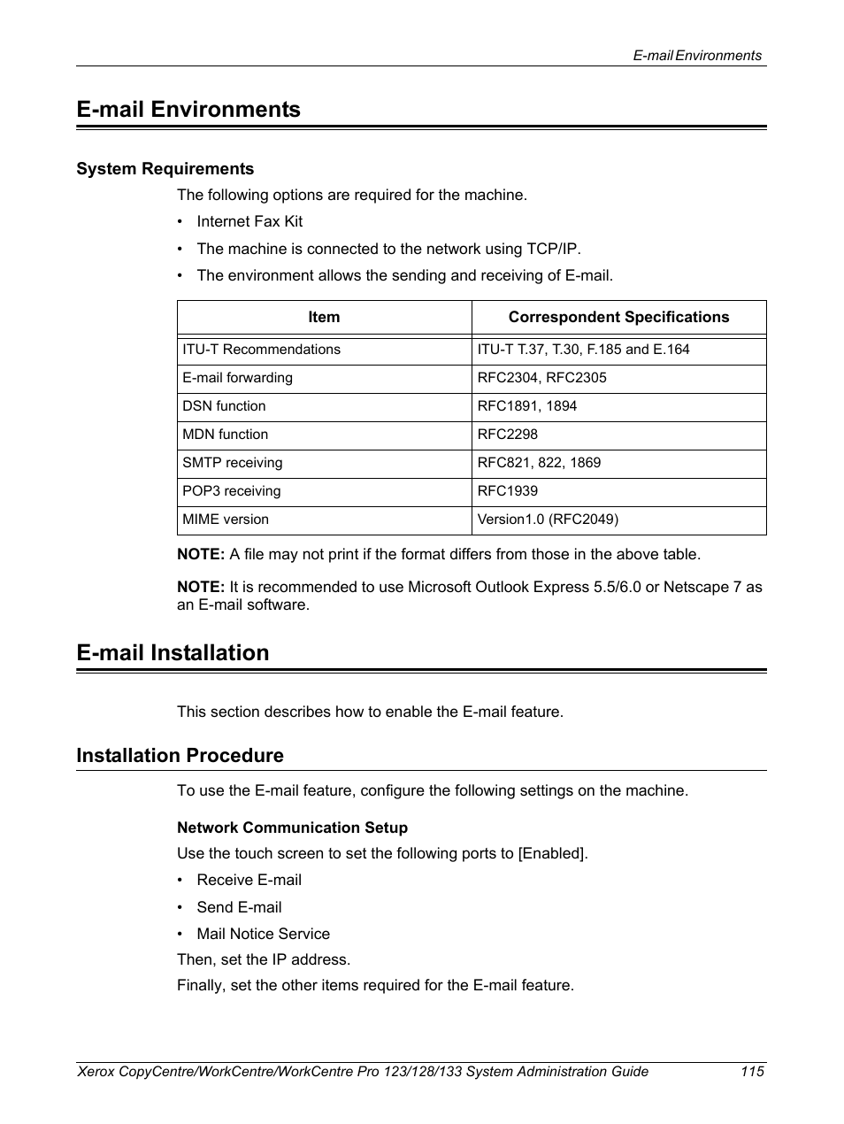 E-mail environments, E-mail installation, Installation procedure | Xerox WorkCentre M123-M128-6336 User Manual | Page 115 / 166