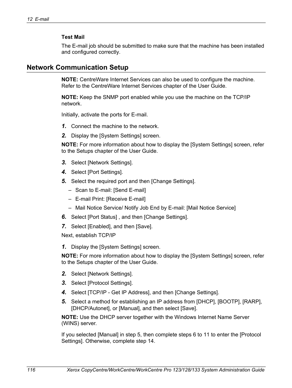 Network communication setup | Xerox WorkCentre M123-M128-6336 User Manual | Page 116 / 166