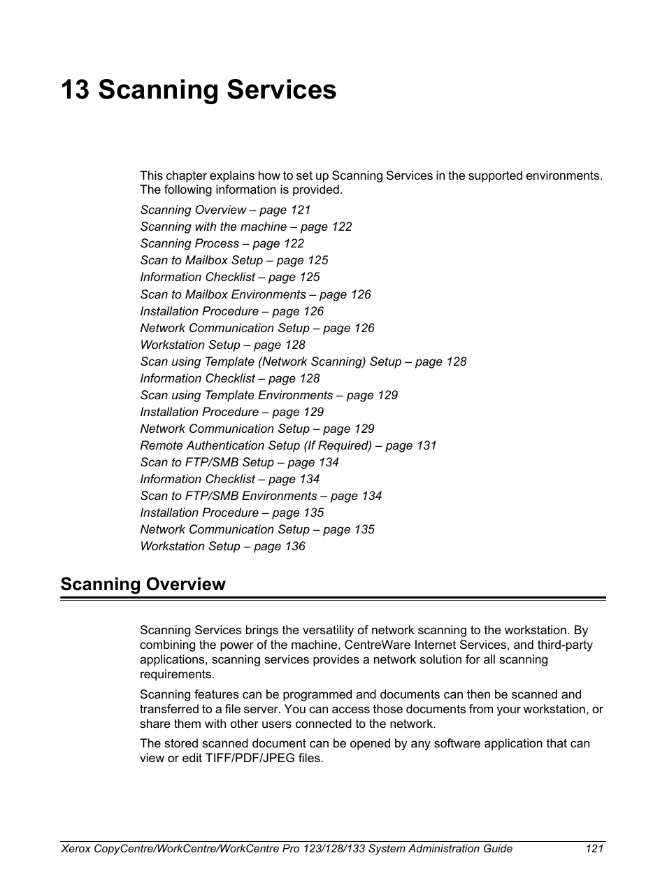 13 scanning services, Scanning overview | Xerox WorkCentre M123-M128-6336 User Manual | Page 121 / 166